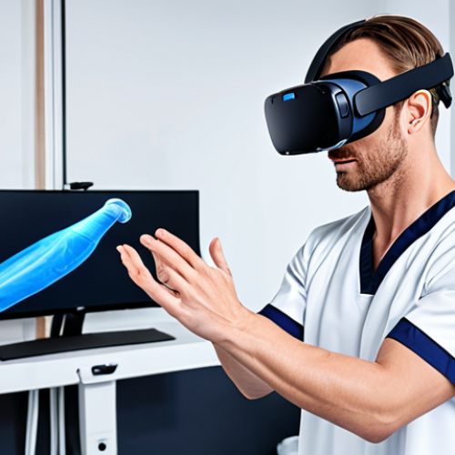 Home 4 **
A sports rehabilitation specialist using VR technology for immersive patient therapy, highlighting AI-driven personalized rehabilitation programs, modern clinic setting, advanced equipment.
**