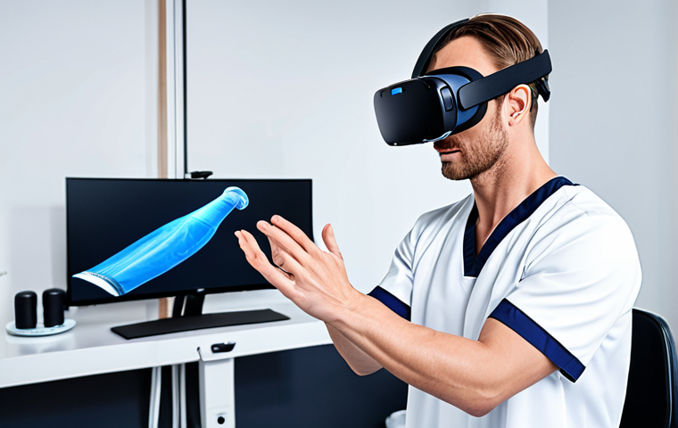 **
A sports rehabilitation specialist using VR technology for immersive patient therapy, highlighting AI-driven personalized rehabilitation programs, modern clinic setting, advanced equipment.
**