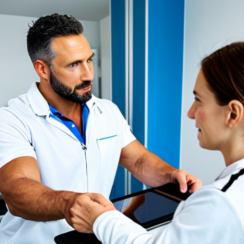 Home 6 **
"A sports rehabilitation specialist in a bright, modern clinic, consulting with a fully clothed athlete. The specialist is explaining a rehabilitation plan displayed on a tablet. Safe for work, appropriate content, fully clothed, professional setting, perfect anatomy, natural proportions, family-friendly."
**