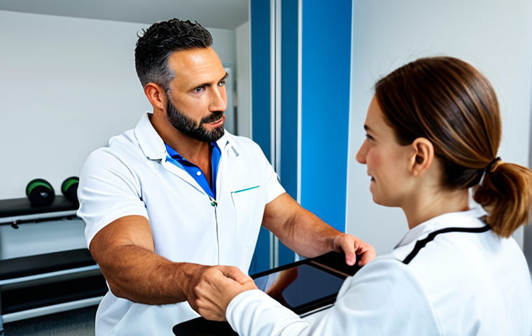 **
"A sports rehabilitation specialist in a bright, modern clinic, consulting with a fully clothed athlete. The specialist is explaining a rehabilitation plan displayed on a tablet. Safe for work, appropriate content, fully clothed, professional setting, perfect anatomy, natural proportions, family-friendly."
**
